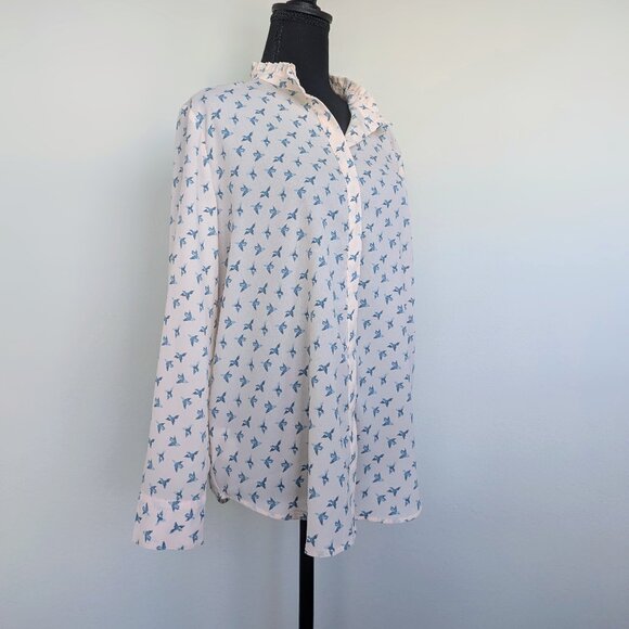 LOFT Large Petite Light Pink Blue Bird Print Button-Up Ruffle Collar Blouse - Picture 3 of 6